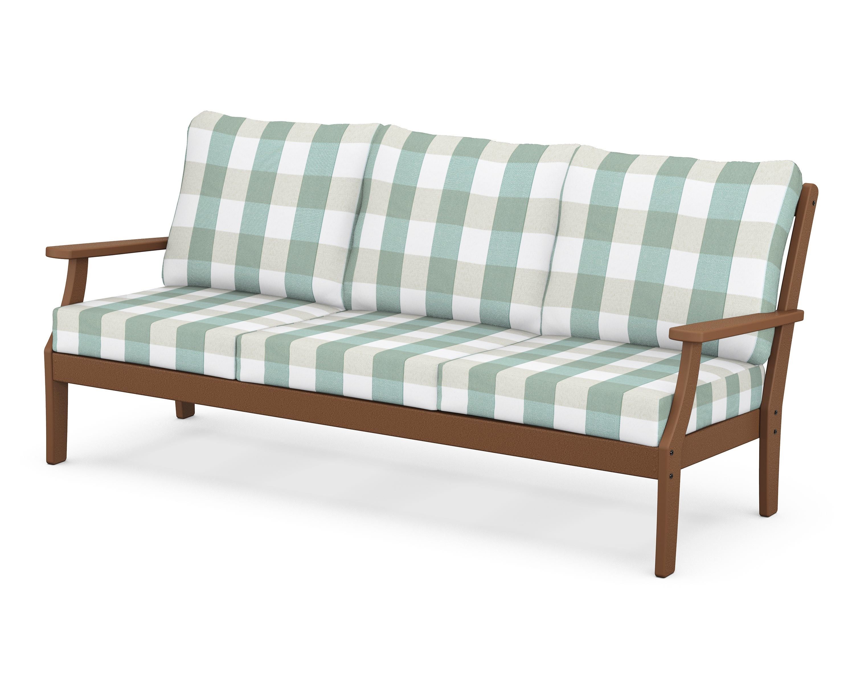 POLYWOOD® Braxton Deep Seating Sofa in Teak / Buffalo Plaid Glacier Spa