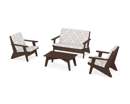 POLYWOOD® Riviera Modern Lounge 4-Piece Set in Mahogany / Trellis Dune Burlap