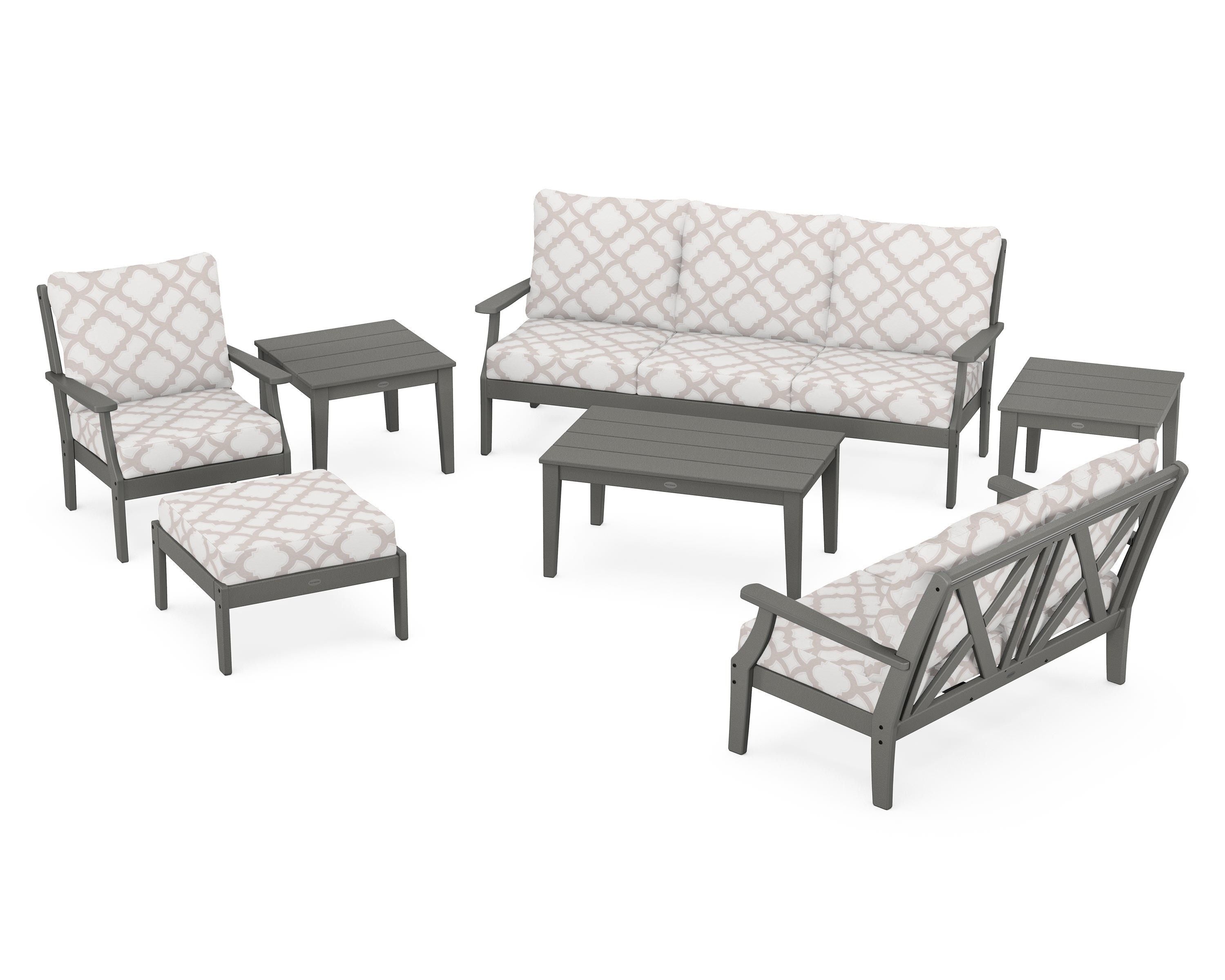 POLYWOOD® Braxton 7-Piece Deep Seating Set in Slate Grey / Trellis Dune Burlap