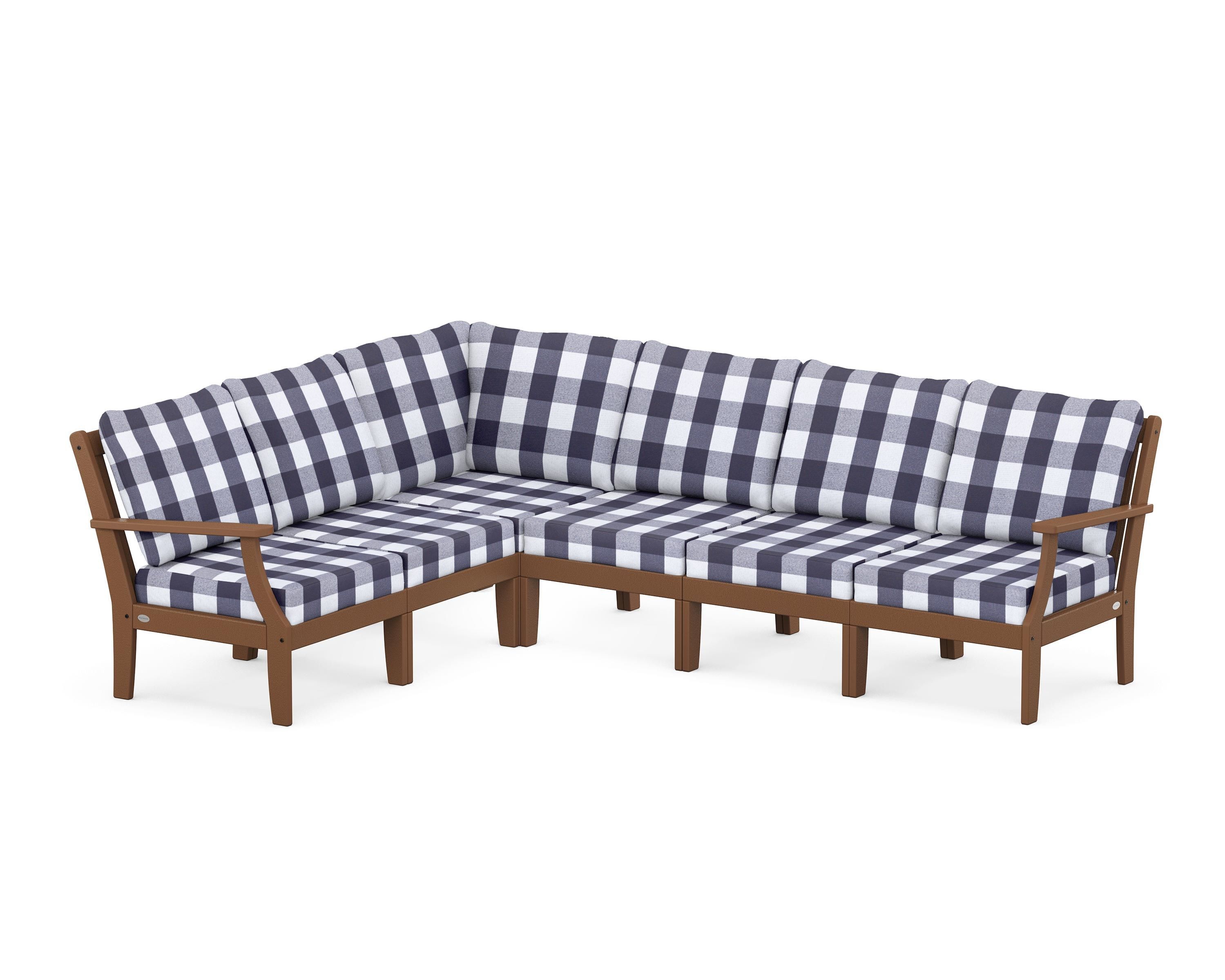 POLYWOOD® Braxton Modular 6-Piece Deep Seating Set in Teak / Buffalo Plaid Navy