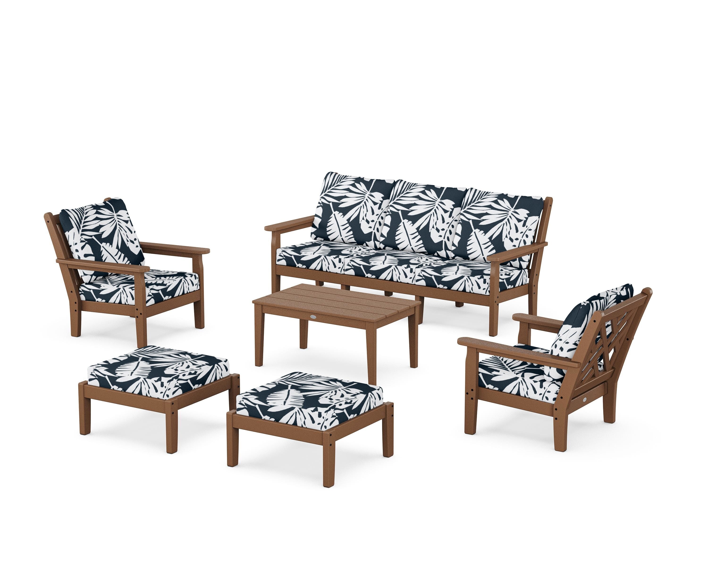 POLYWOOD® Chippendale 6-Piece Lounge Sofa Set in Teak / Leaf Marine Indigo