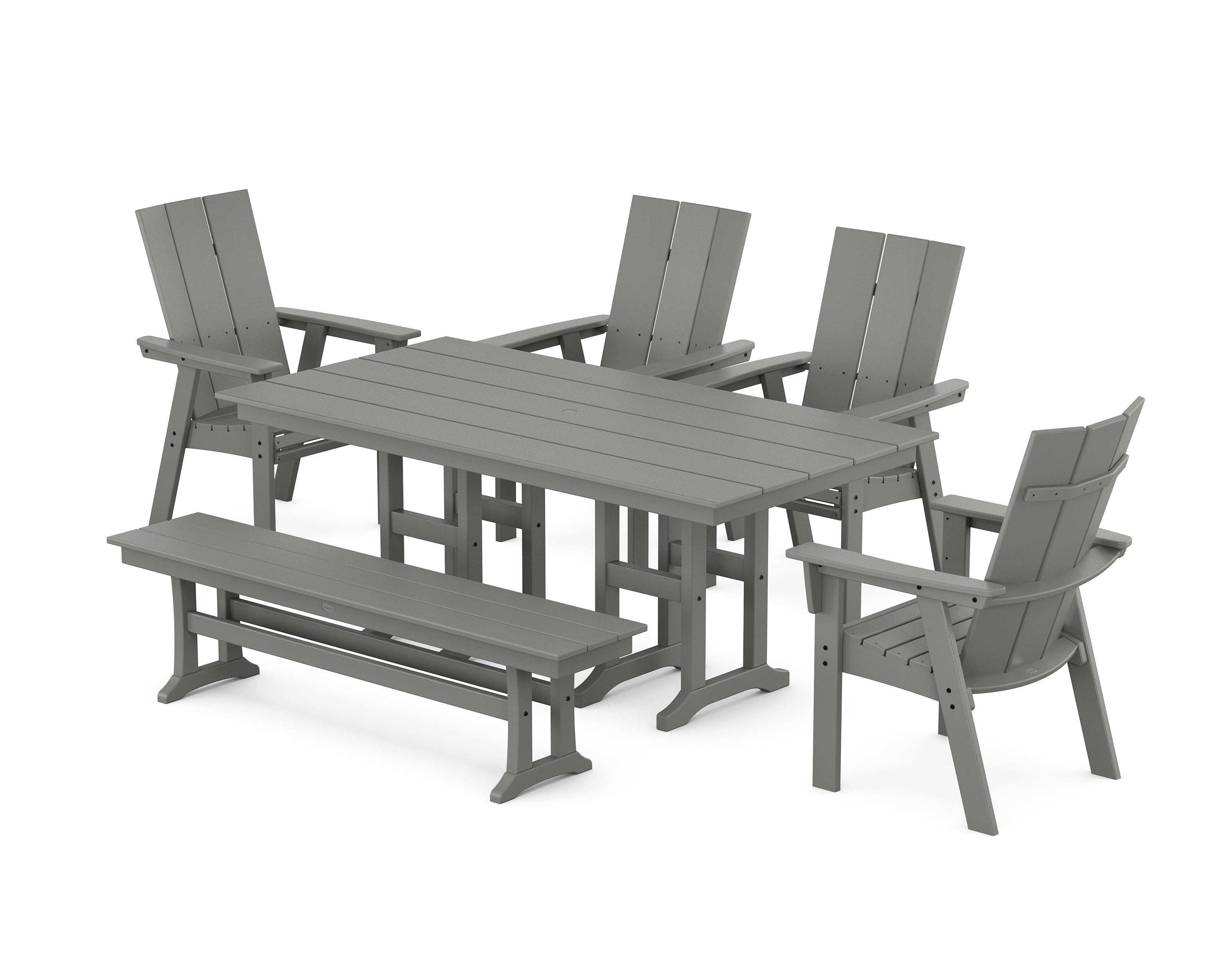 POLYWOOD® Modern Curveback Adirondack 6-Piece Farmhouse Dining Set with Bench in Slate Grey