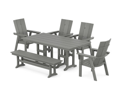 POLYWOOD® Modern Curveback Adirondack 6-Piece Farmhouse Dining Set with Bench in Slate Grey