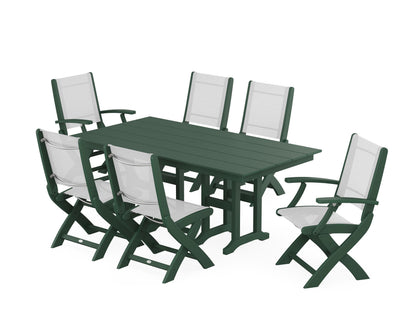 POLYWOOD® Coastal Folding Chair 7-Piece Farmhouse Dining Set in Green / White Sling