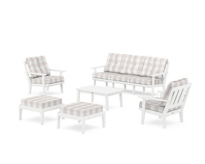 POLYWOOD® Oxford 6-Piece Lounge Sofa Set in White / Buffalo Plaid Dune Burlap