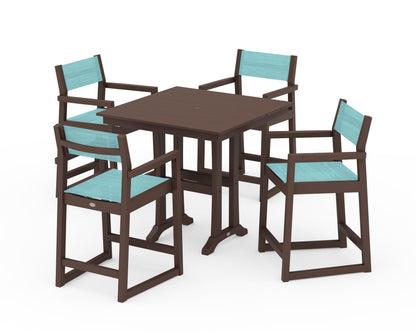 POLYWOOD® EDGE Sling Arm Chair 5-Piece Farmhouse Counter Set with Trestle Legs in Mahogany / Dupioni Aquamarine Sling