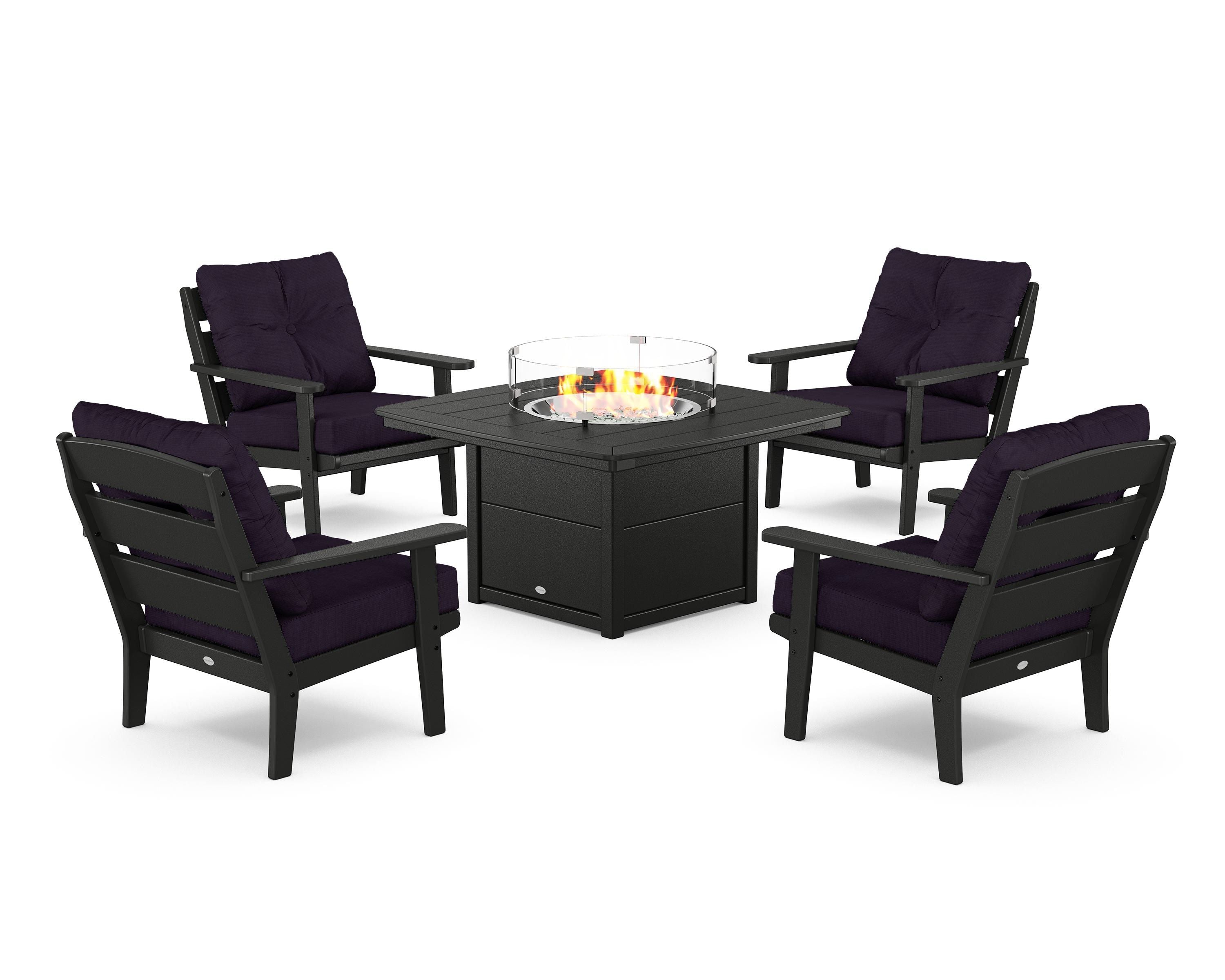 POLYWOOD® Lakeside 5-Piece Deep Seating Set with Nautical Fire Pit Table in Black / Navy Linen