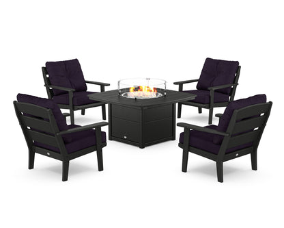 POLYWOOD® Lakeside 5-Piece Deep Seating Set with Nautical Fire Pit Table in Black / Navy Linen