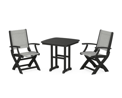 POLYWOOD® Coastal Folding Chair 3-Piece Dining Set in Black / Metallic Sling