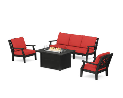 Martha Stewart by POLYWOOD® Chinoiserie Deep Seating Fire Pit Table Set in Black / Crimson Linen