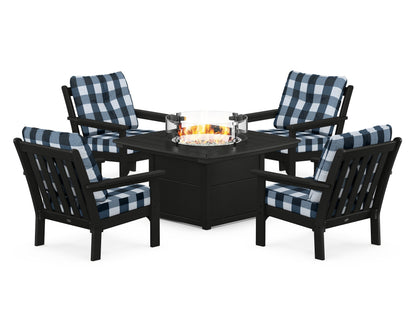 POLYWOOD® Vineyard 5-Piece Conversation Set with Fire Pit Table in Black / Buffalo Plaid Marine Indigo