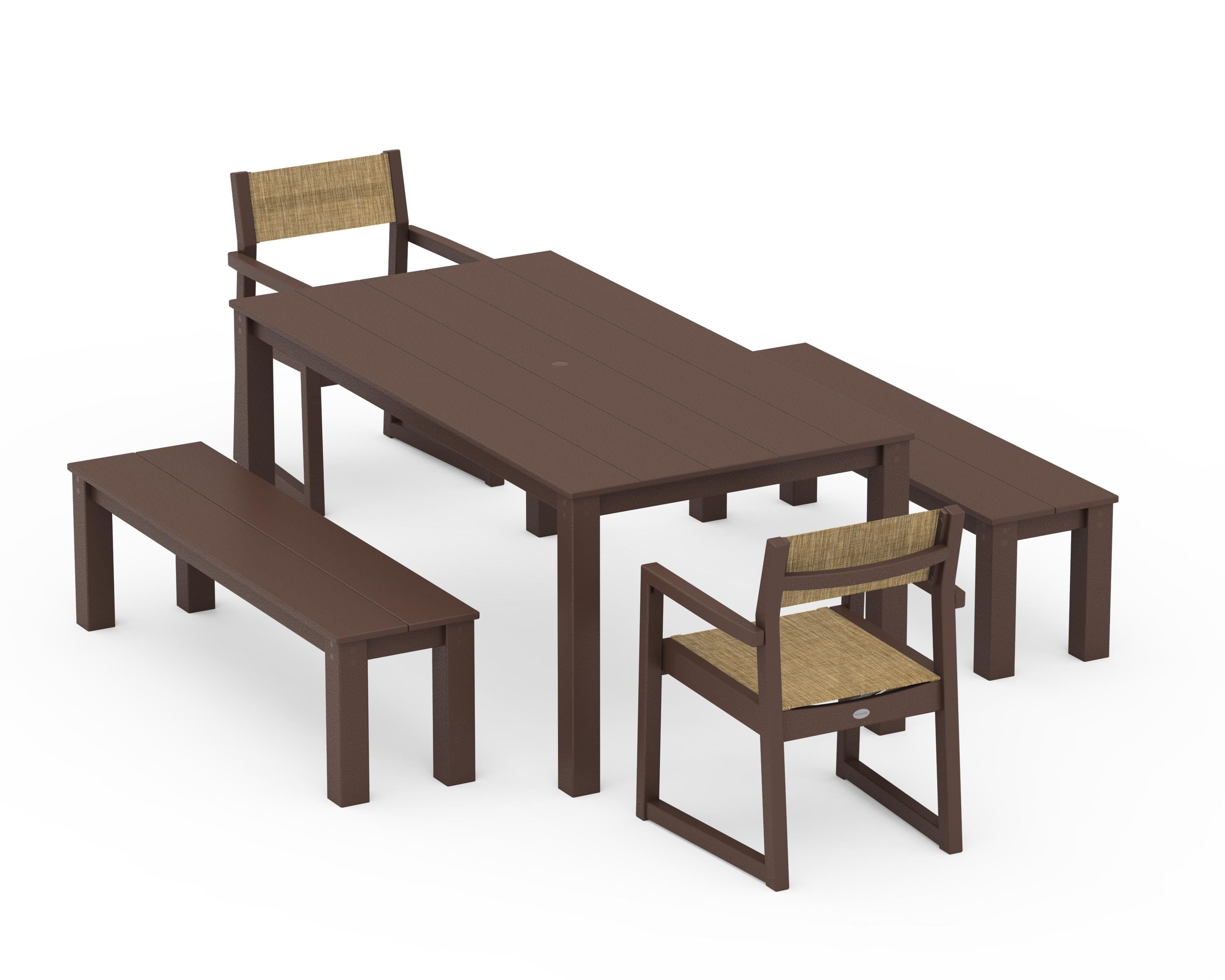 POLYWOOD® EDGE Sling Arm Chair 5-Piece Parsons Dining Set with Benches in Mahogany / Burlap Sling