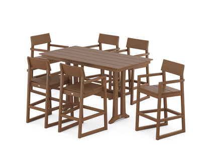 POLYWOOD® EDGE Arm Chair 7-Piece Farmhouse Bar Set with Trestle Legs in Teak