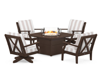 POLYWOOD® Braxton 5-Piece Deep Seating Set with Fire Table in Mahogany / Cabana Stripe Dune Burlap