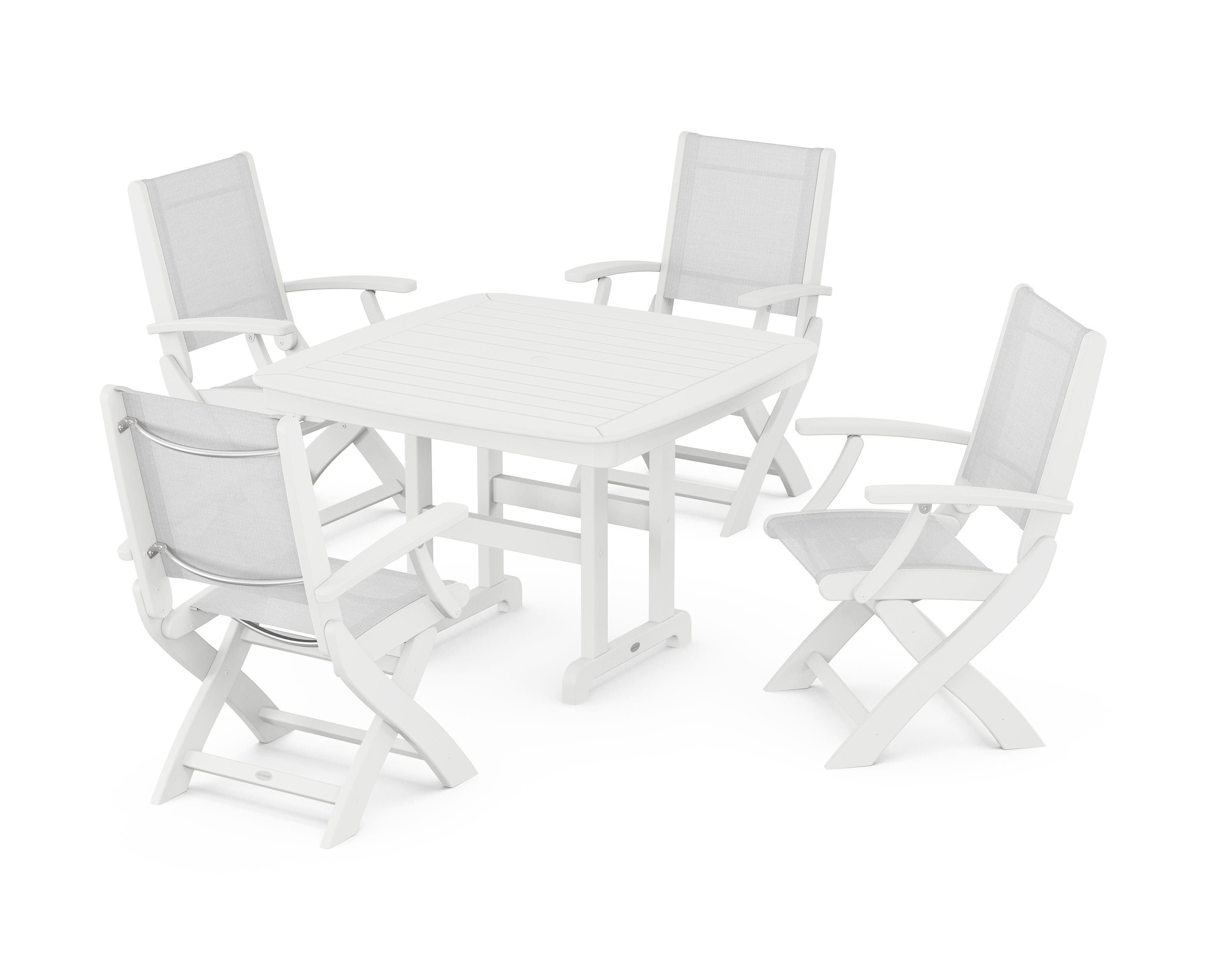 POLYWOOD® Coastal Folding Chair 5-Piece Dining Set in White / White Sling