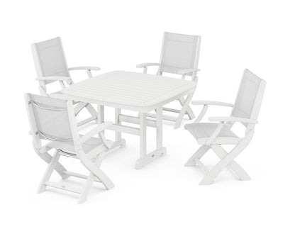 POLYWOOD® Coastal Folding Chair 5-Piece Dining Set in White / White Sling