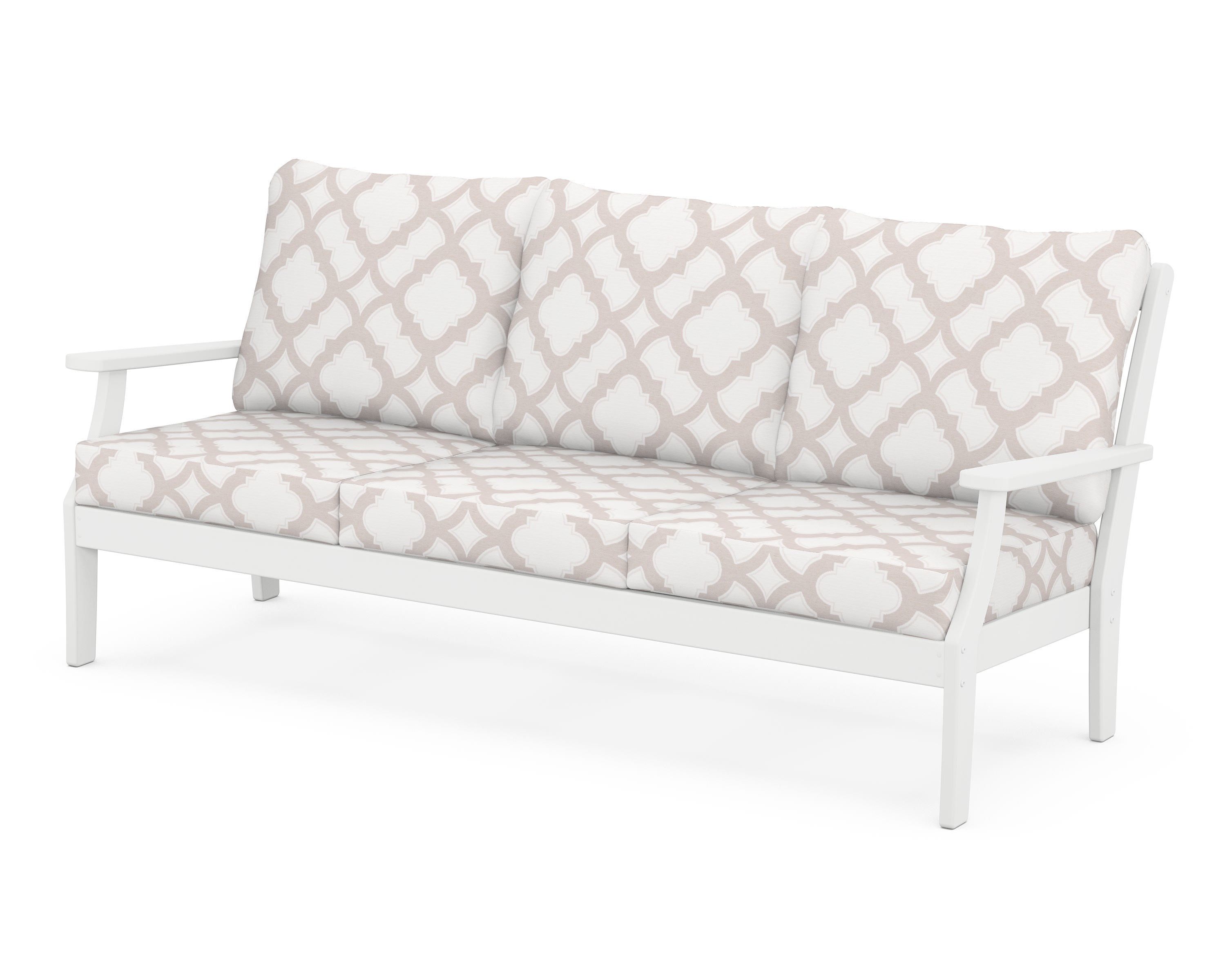 POLYWOOD® Braxton Deep Seating Sofa in White / Trellis Dune Burlap