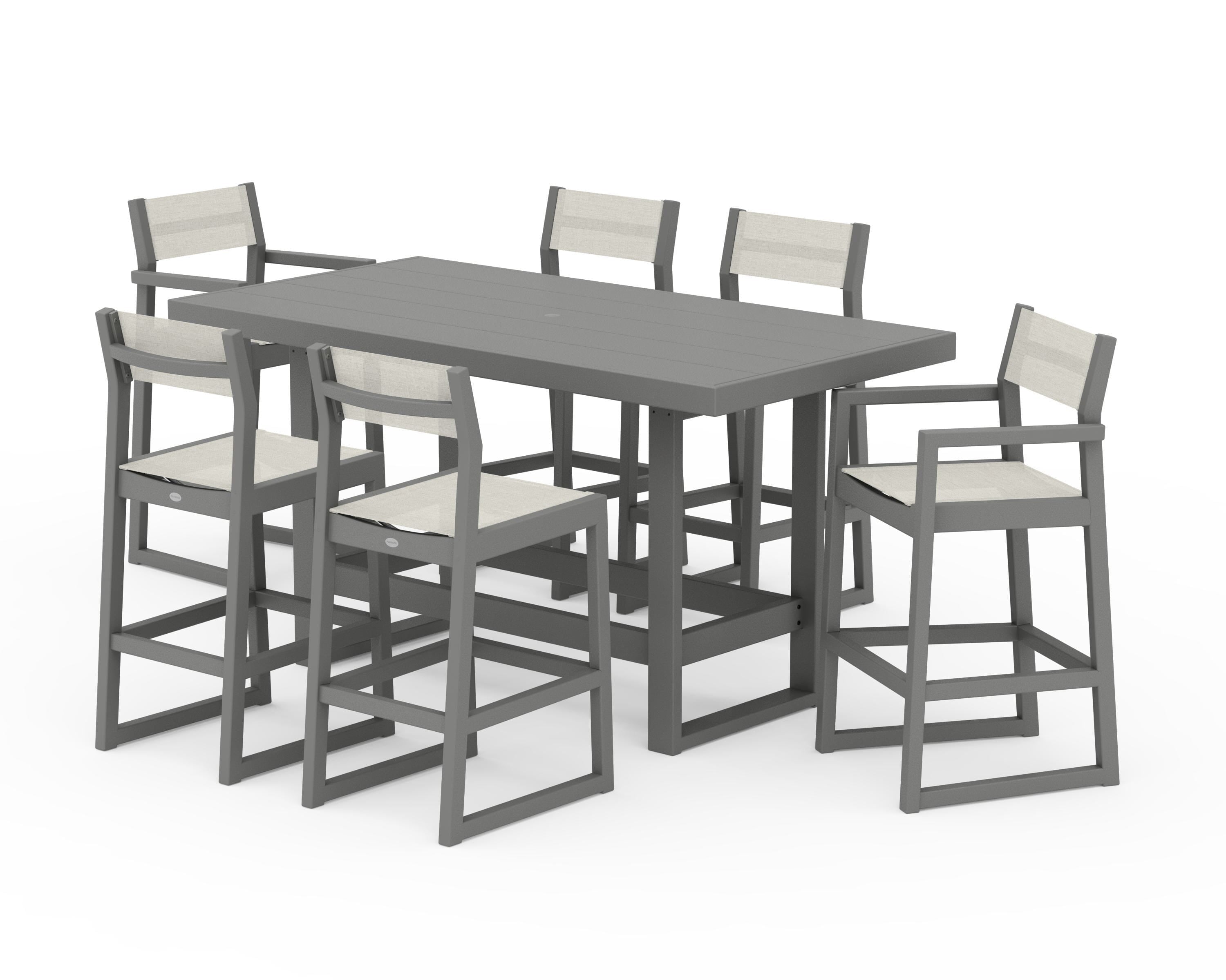 POLYWOOD® EDGE Sling 7-Piece Bar Table Set in Slate Grey / Parchment Sling