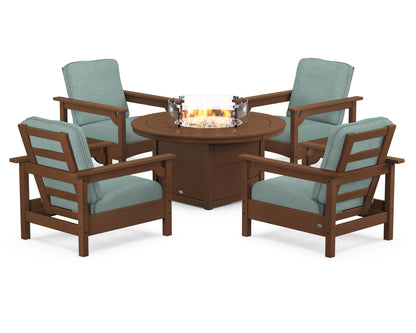 POLYWOOD® Club 5-Piece Conversation Set with Fire Pit Table in Teak / Glacier Spa