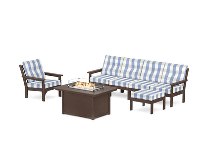 POLYWOOD® Vineyard Sectional Lounge and Fire Pit Set in Mahogany / Buffalo Plaid Sky Blue
