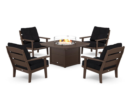 POLYWOOD® Lakeside 5-Piece Deep Seating Set with Nautical Fire Pit Table in Mahogany / Midnight Linen