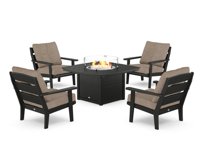 POLYWOOD® Lakeside 5-Piece Deep Seating Set with Nautical Fire Pit Table in Black / Spiced Burlap