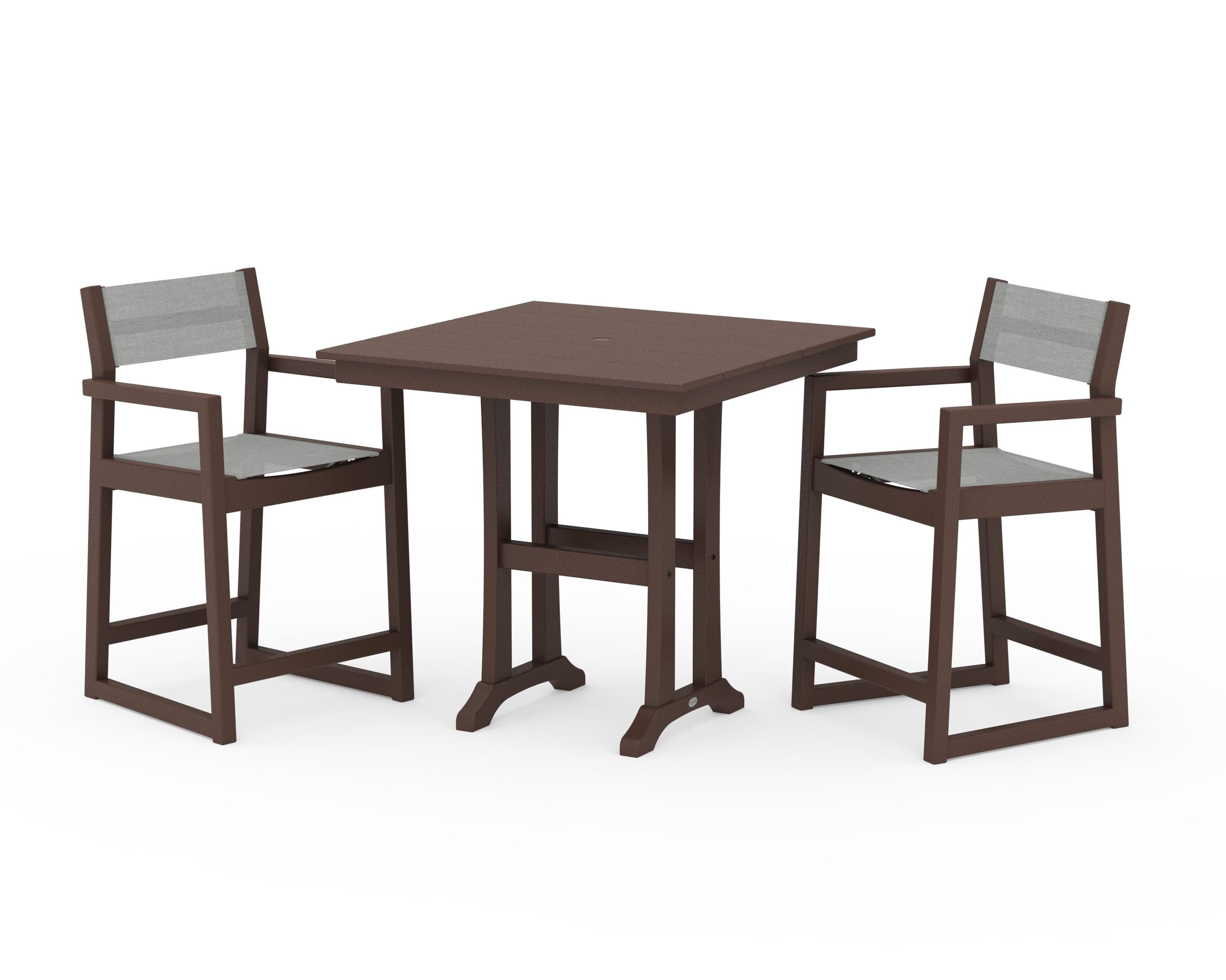 POLYWOOD® EDGE Sling Arm Chair 3-Piece Farmhouse Counter Set with Trestle Legs in Mahogany / Metallic Sling
