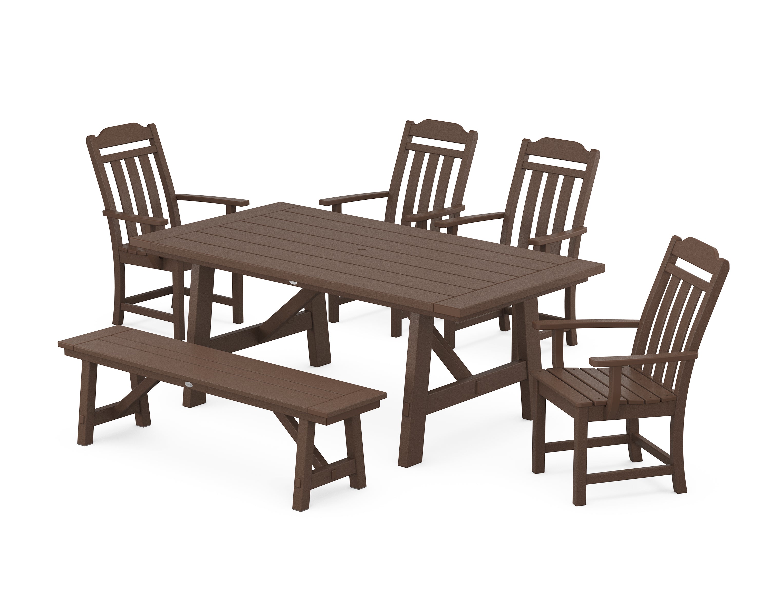 Country Living Cottage 6-Piece Rustic Farmhouse Dining Set with Bench in Mahogany