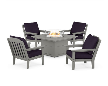 Country Living Cottage 5-Piece Deep Seating Set with Fire Pit Table in Slate Grey / Navy Linen