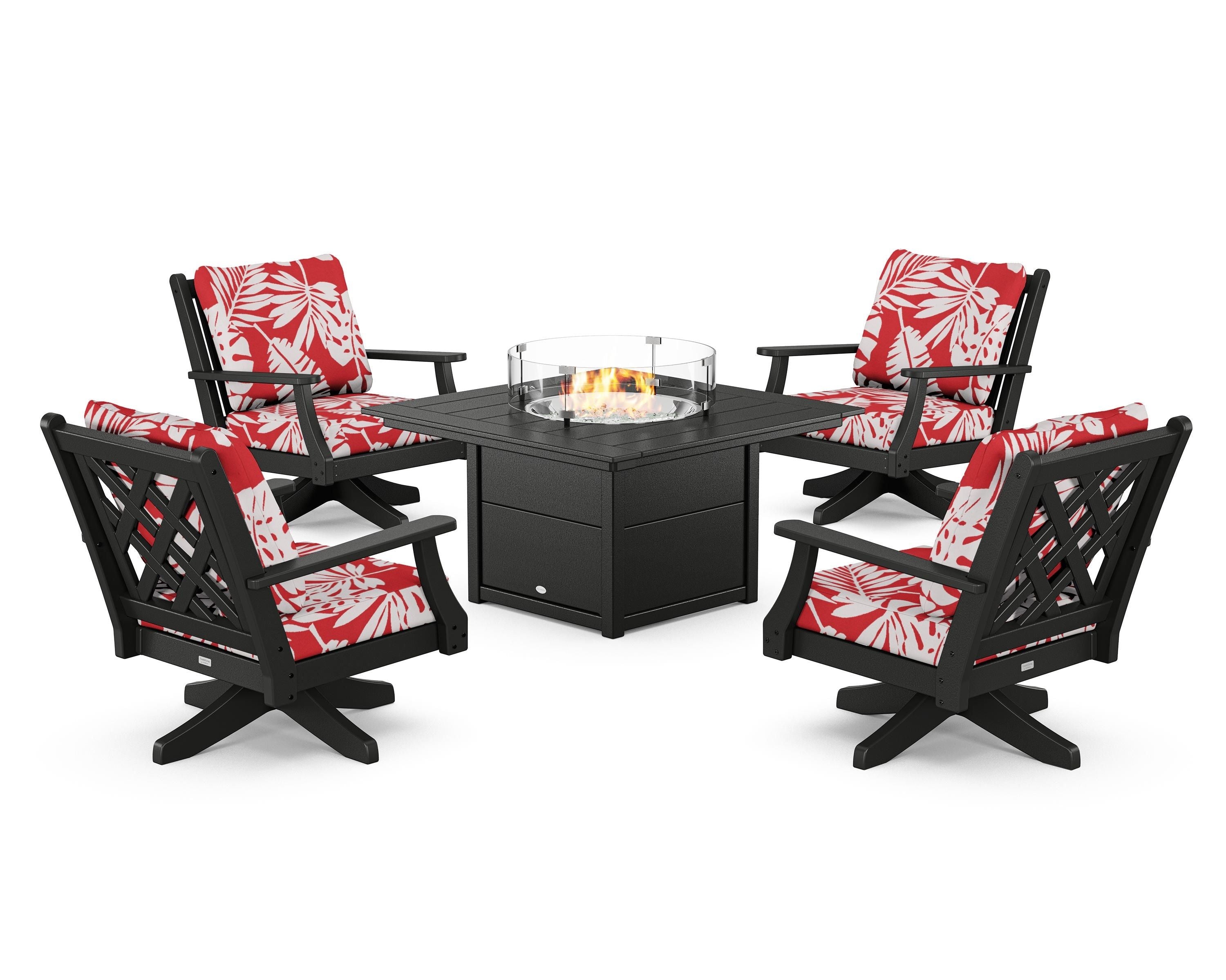 Country Living Wovendale 5-Piece Deep Seating Swivel Conversation Set with Fire Pit Table in Black / Leaf Crimson