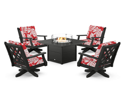 Country Living Wovendale 5-Piece Deep Seating Swivel Conversation Set with Fire Pit Table in Black / Leaf Crimson