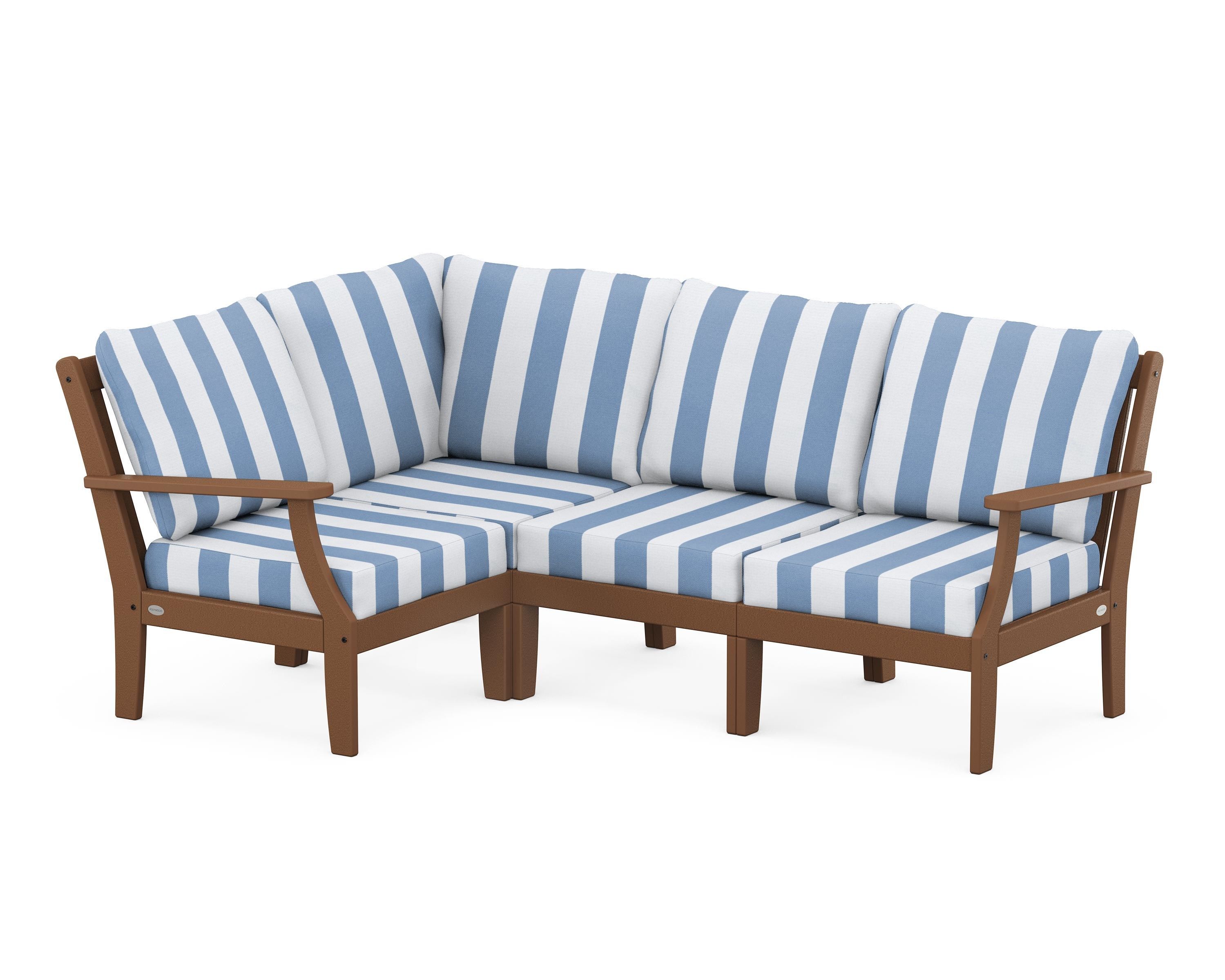 POLYWOOD® Braxton Modular 4-Piece Deep Seating Set in Teak / Cabana Stripe Sky Blue
