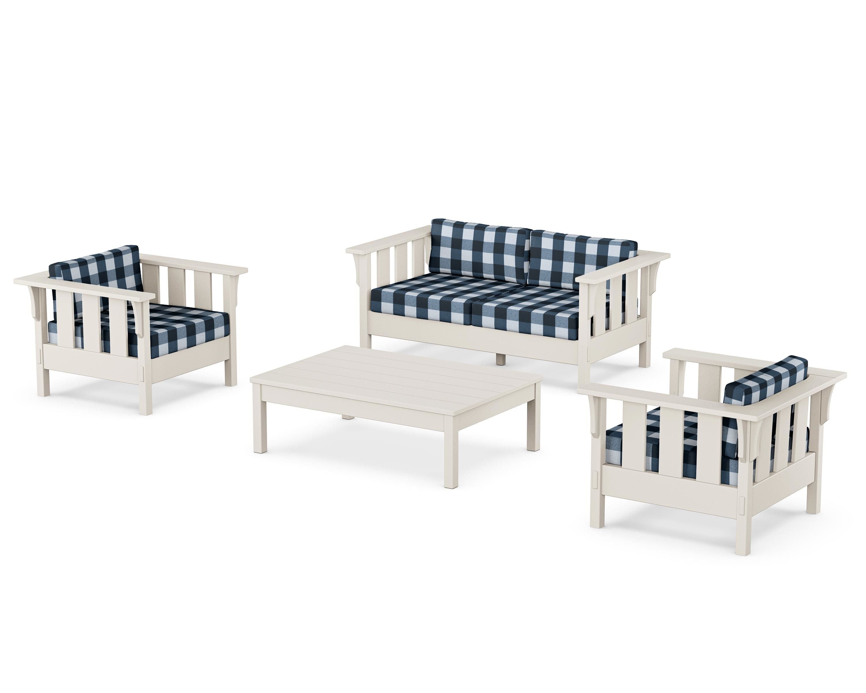 Martha Stewart by POLYWOOD® Acadia 4-Piece Deep Seating Set with Loveseat in Sand / Buffalo Plaid Marine Indigo