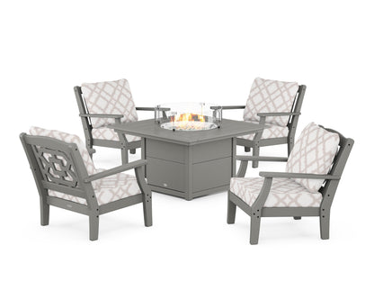 Martha Stewart by POLYWOOD® Chinoiserie 5-Piece Deep Seating Set with Fire Pit Table in Slate Grey / Trellis Dune Burlap