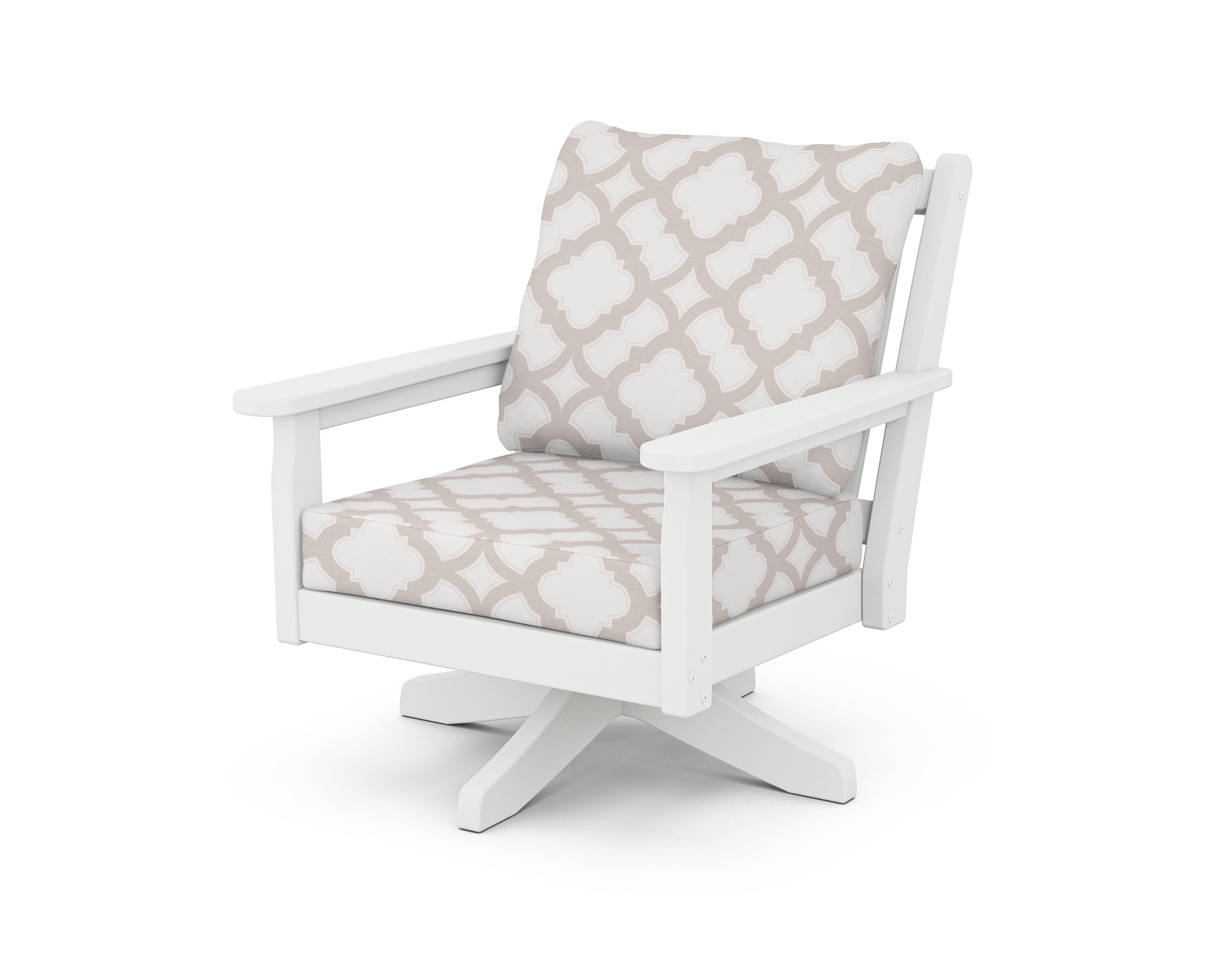 POLYWOOD® Chippendale Deep Seating Swivel Chair in White / Trellis Dune Burlap
