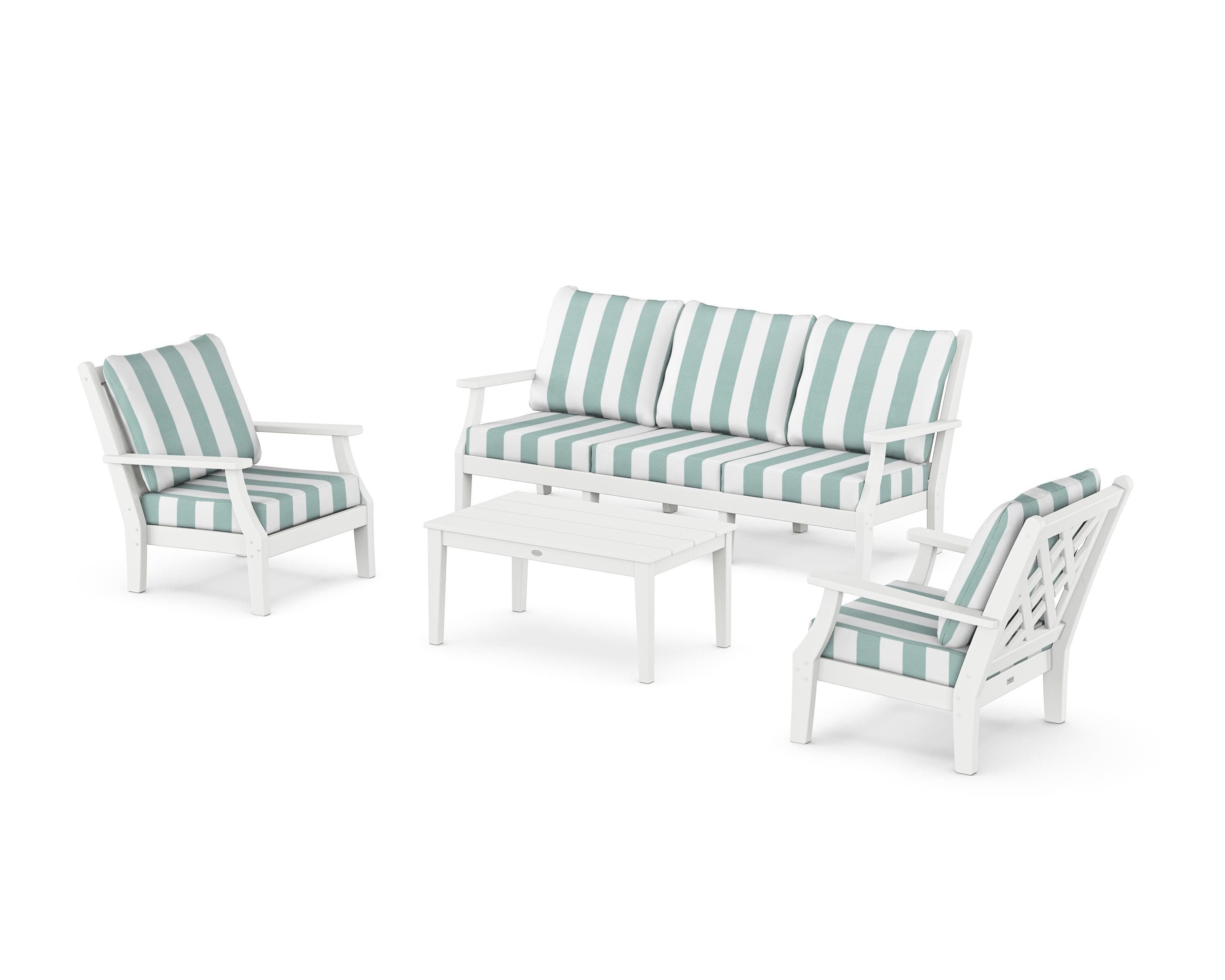 Country Living Wovendale 4-Piece Deep Seating Set with Sofa in White / Cabana Stripe Glacier Spa