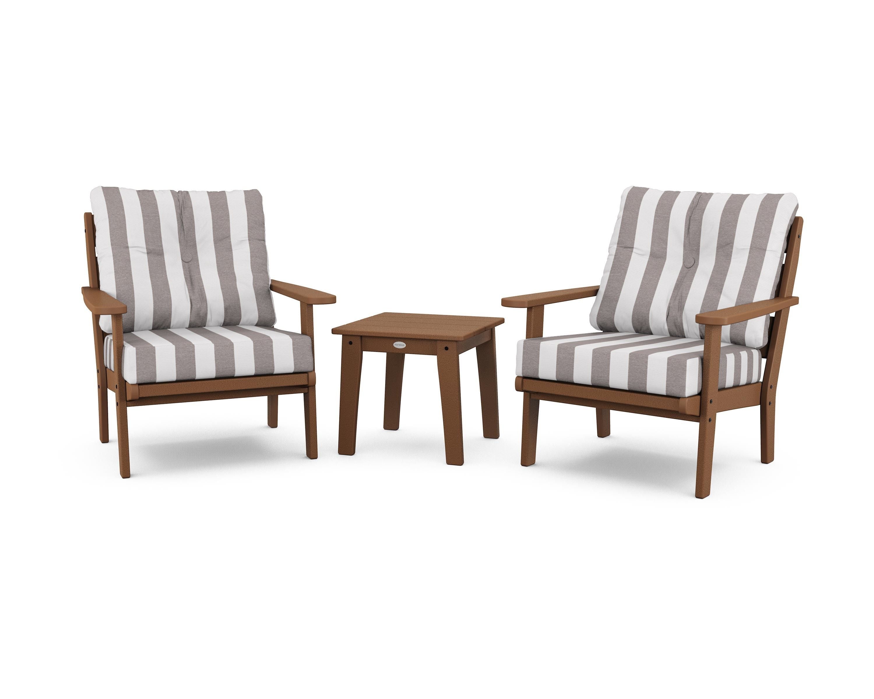 POLYWOOD® Lakeside 3-Piece Deep Seating Chair Set in Teak / Cabana Stripe Grey Mist