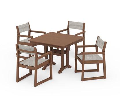 POLYWOOD® EDGE Sling 5-Piece Farmhouse Dining Set with Trestle Legs in Teak / Birch Sling