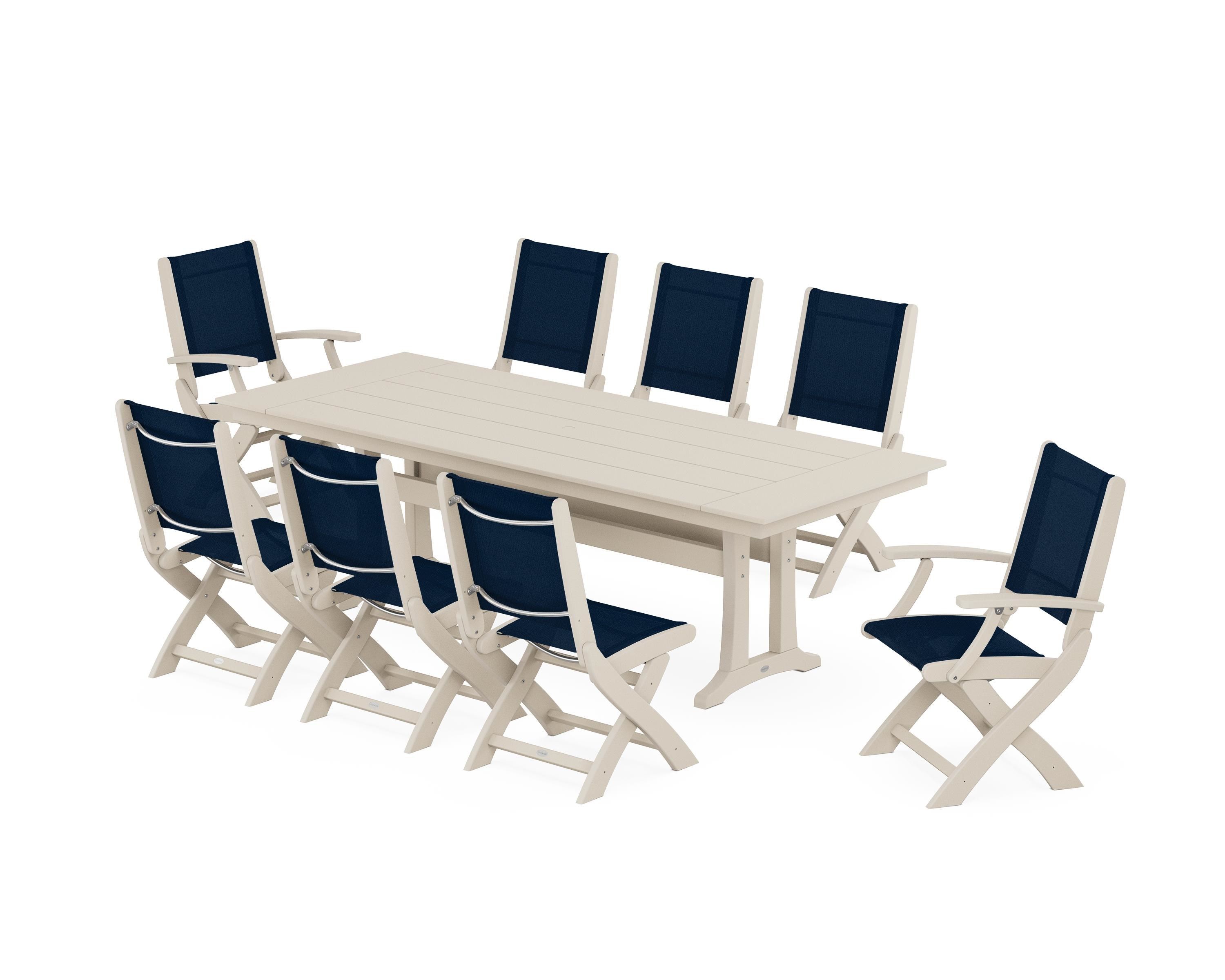 POLYWOOD® Coastal 9-Piece Folding Dining Chair Farmhouse Dining Set with Trestle Legs in Sand / Navy Blue Sling
