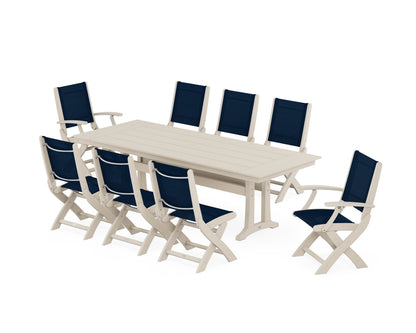 POLYWOOD® Coastal 9-Piece Folding Dining Chair Farmhouse Dining Set with Trestle Legs in Sand / Navy Blue Sling
