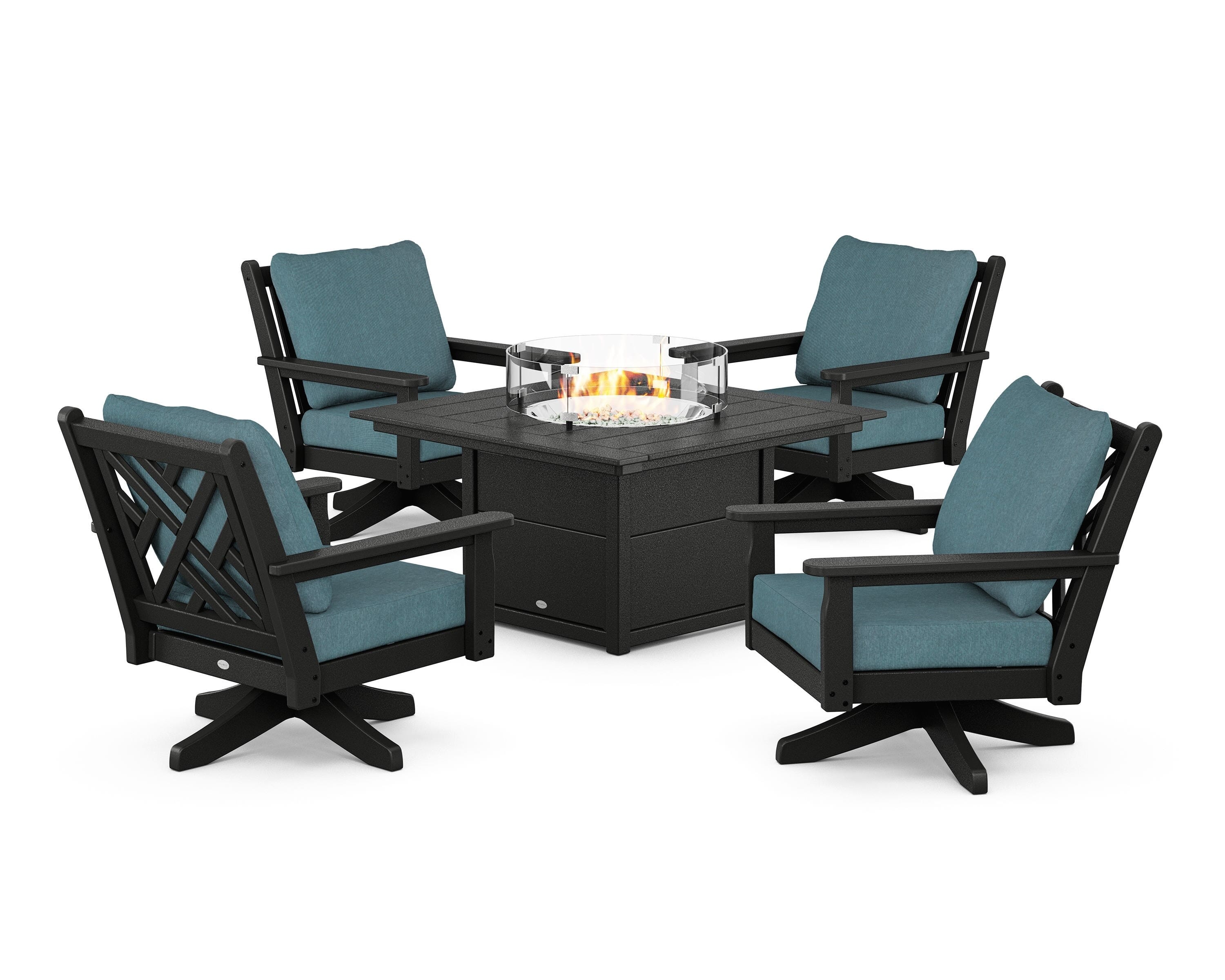 POLYWOOD® Chippendale 5-Piece Deep Seating Swivel Conversation Set with Fire Pit Table in Black / Ocean Teal