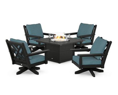 POLYWOOD® Chippendale 5-Piece Deep Seating Swivel Conversation Set with Fire Pit Table in Black / Ocean Teal