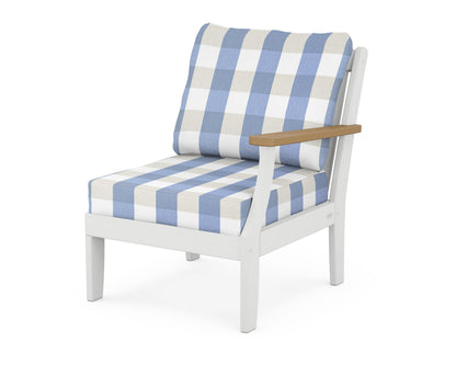 POLYWOOD® Braxton Modular Right Arm Chair in White / Natural / Buffalo Plaid Sky Blue