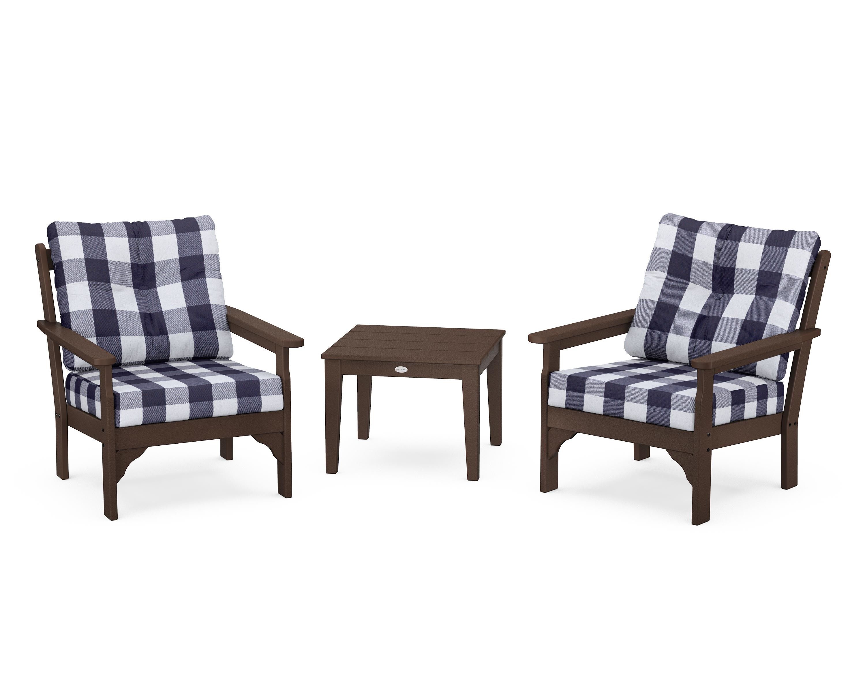 POLYWOOD® Vineyard 3-Piece Deep Seating Set in Mahogany / Buffalo Plaid Navy