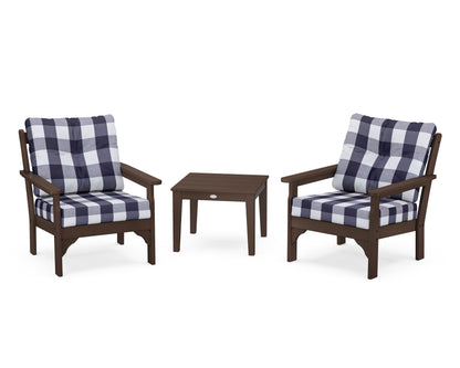 POLYWOOD® Vineyard 3-Piece Deep Seating Set in Mahogany / Buffalo Plaid Navy