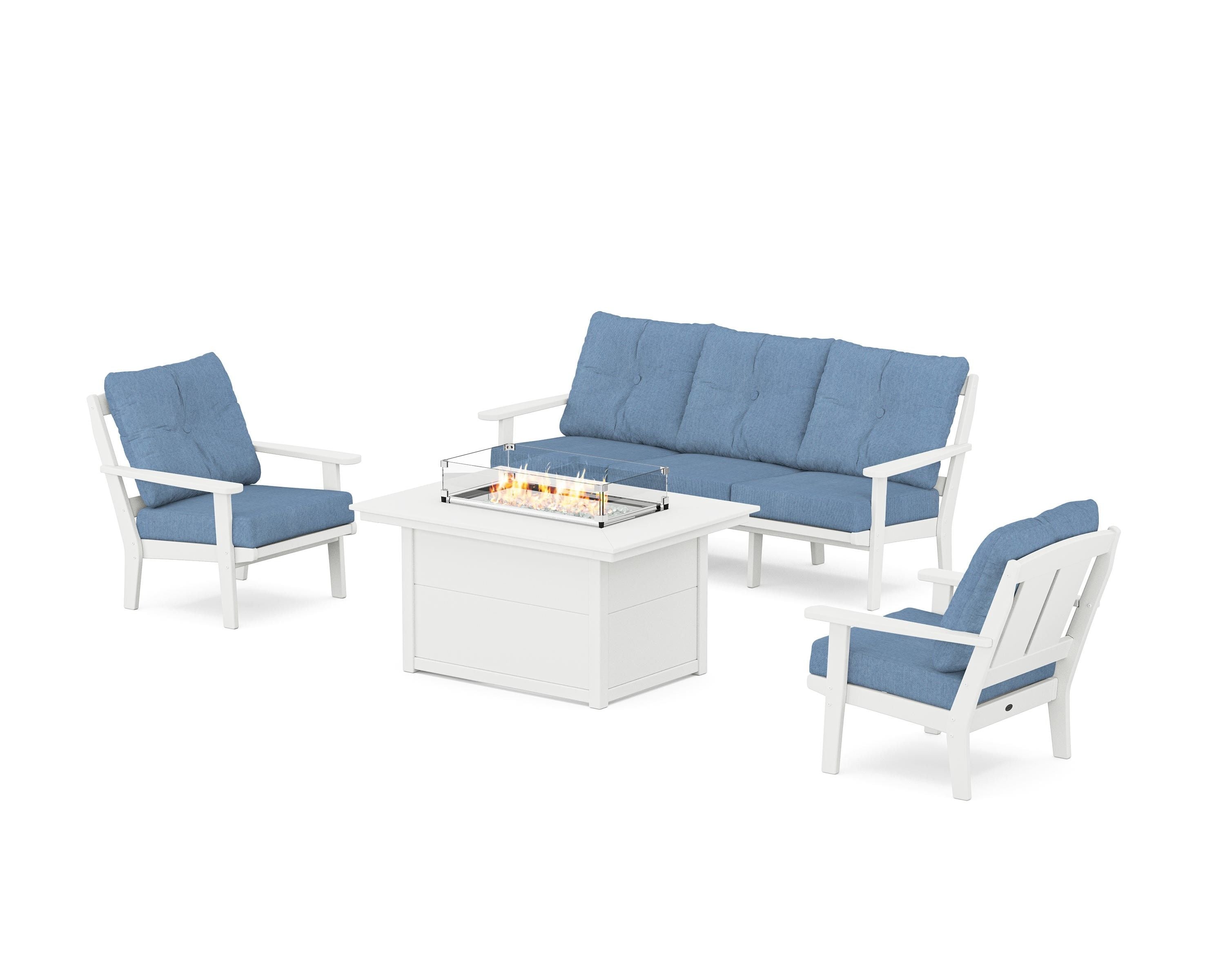 POLYWOOD® Mission Deep Seating Fire Pit Table Set in White / Sky Blue