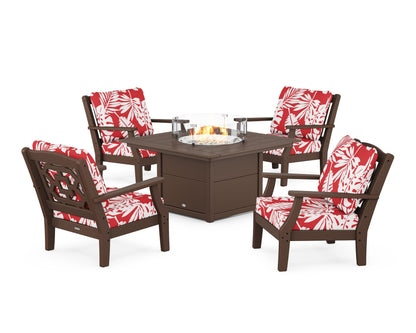 Martha Stewart by POLYWOOD® Chinoiserie 5-Piece Deep Seating Set with Fire Pit Table in Mahogany / Leaf Crimson