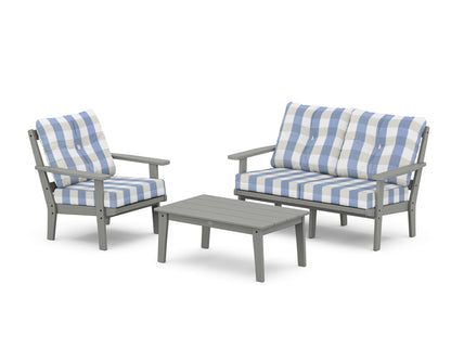 POLYWOOD® Oxford 3-Piece Deep Seating Set with Loveseat in Slate Grey / Buffalo Plaid Sky Blue