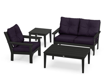 POLYWOOD® Vineyard 4-Piece Deep Seating Set in Black / Navy Linen