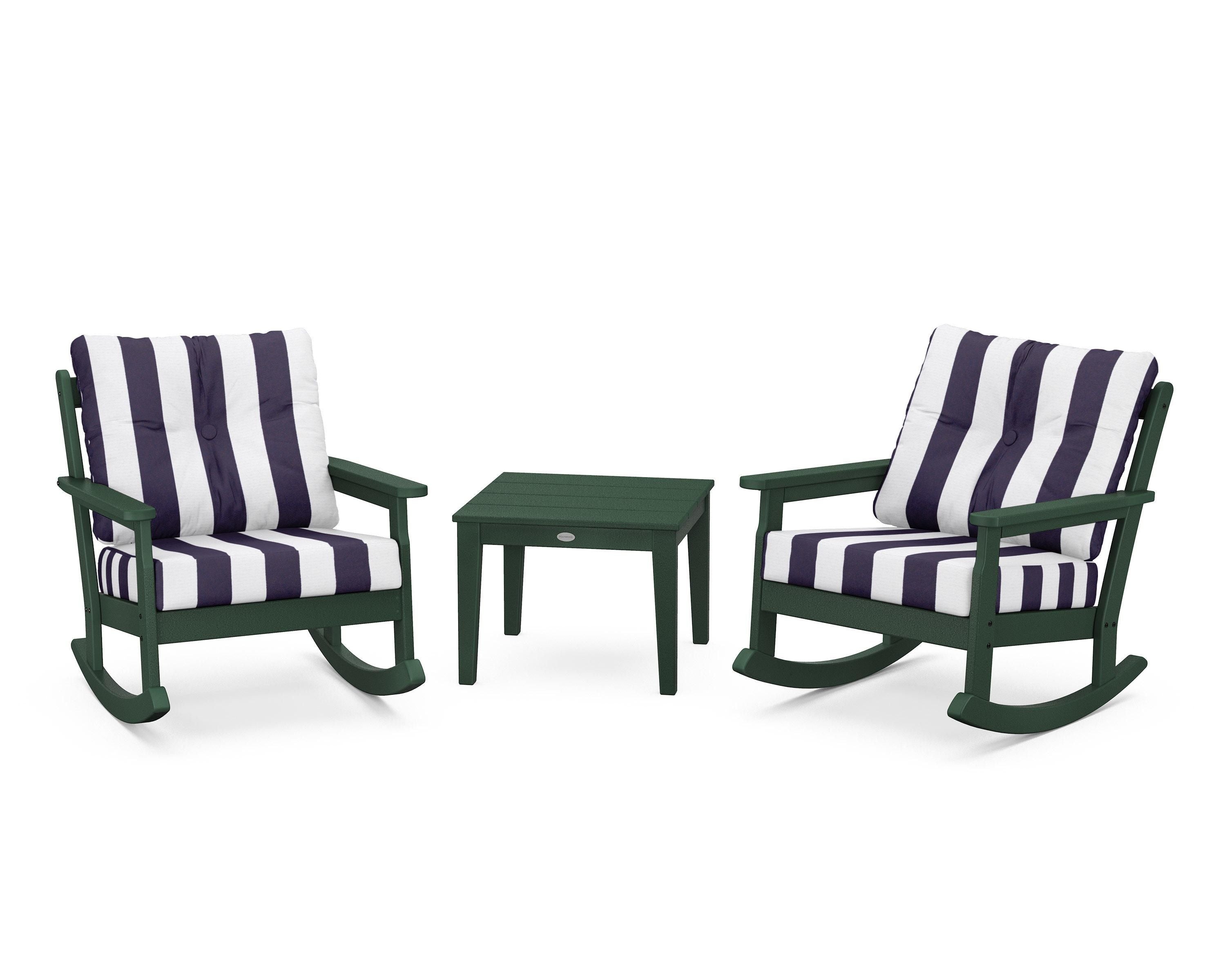 POLYWOOD® Vineyard 3-Piece Deep Seating Rocker Set in Green / Cabana Stripe Navy